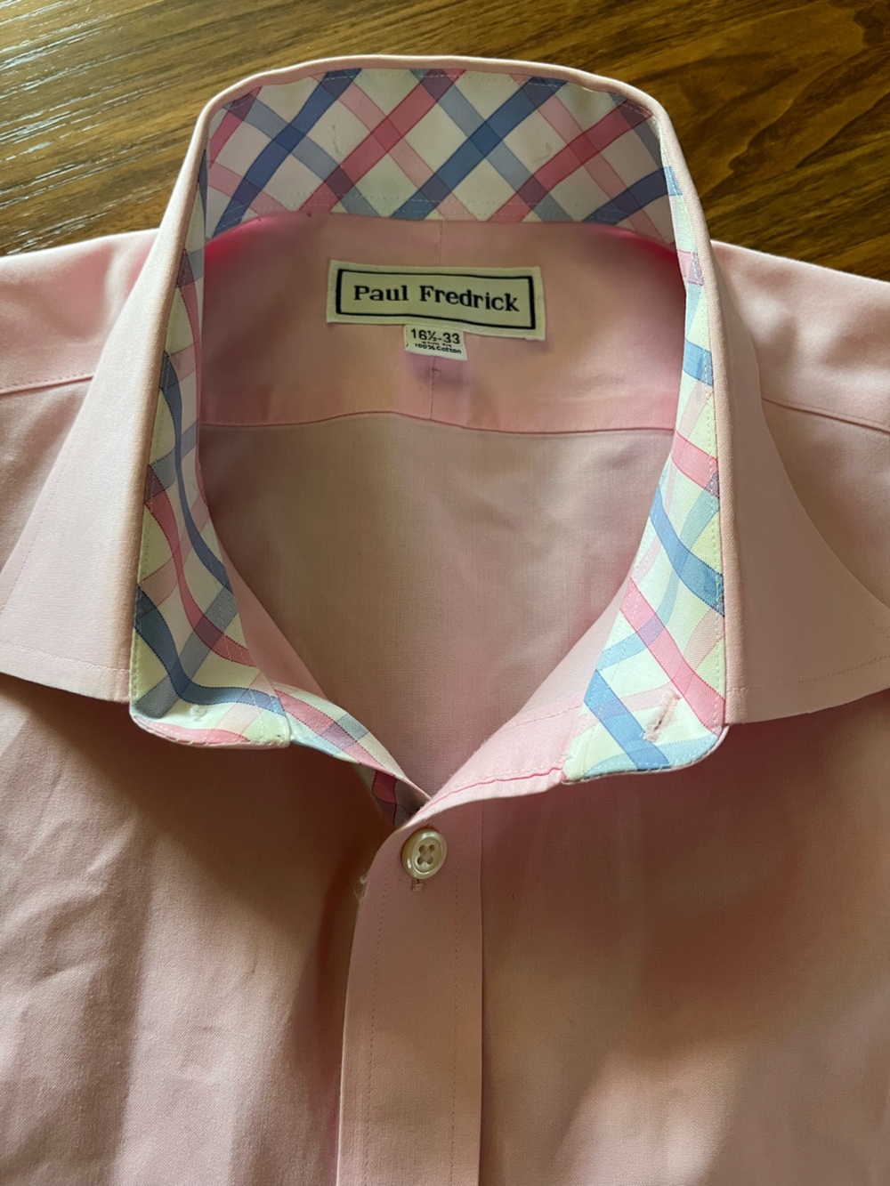 Paul Fredrick 16 1/2-33 Light Pink Dress Shirt with Blue and Pink Plaid Collar